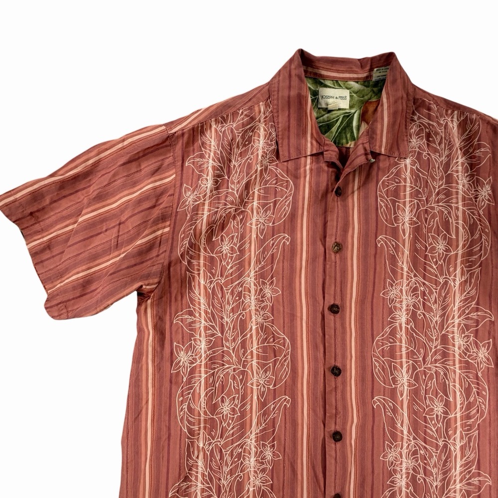 Joseph & Feiss 100% Silk Shirt 2XL Hibiscus Striped Hawaiian Dress Shirt Preppy
